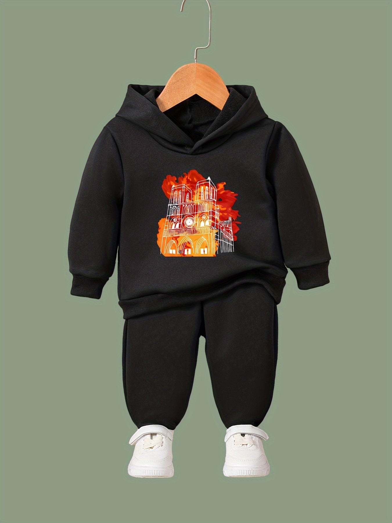 2pcs Big House Print Girls Hoodies Jogger Pants Set For Sports