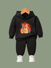 2pcs Big House Print Girls Hoodies Jogger Pants Set For Sports