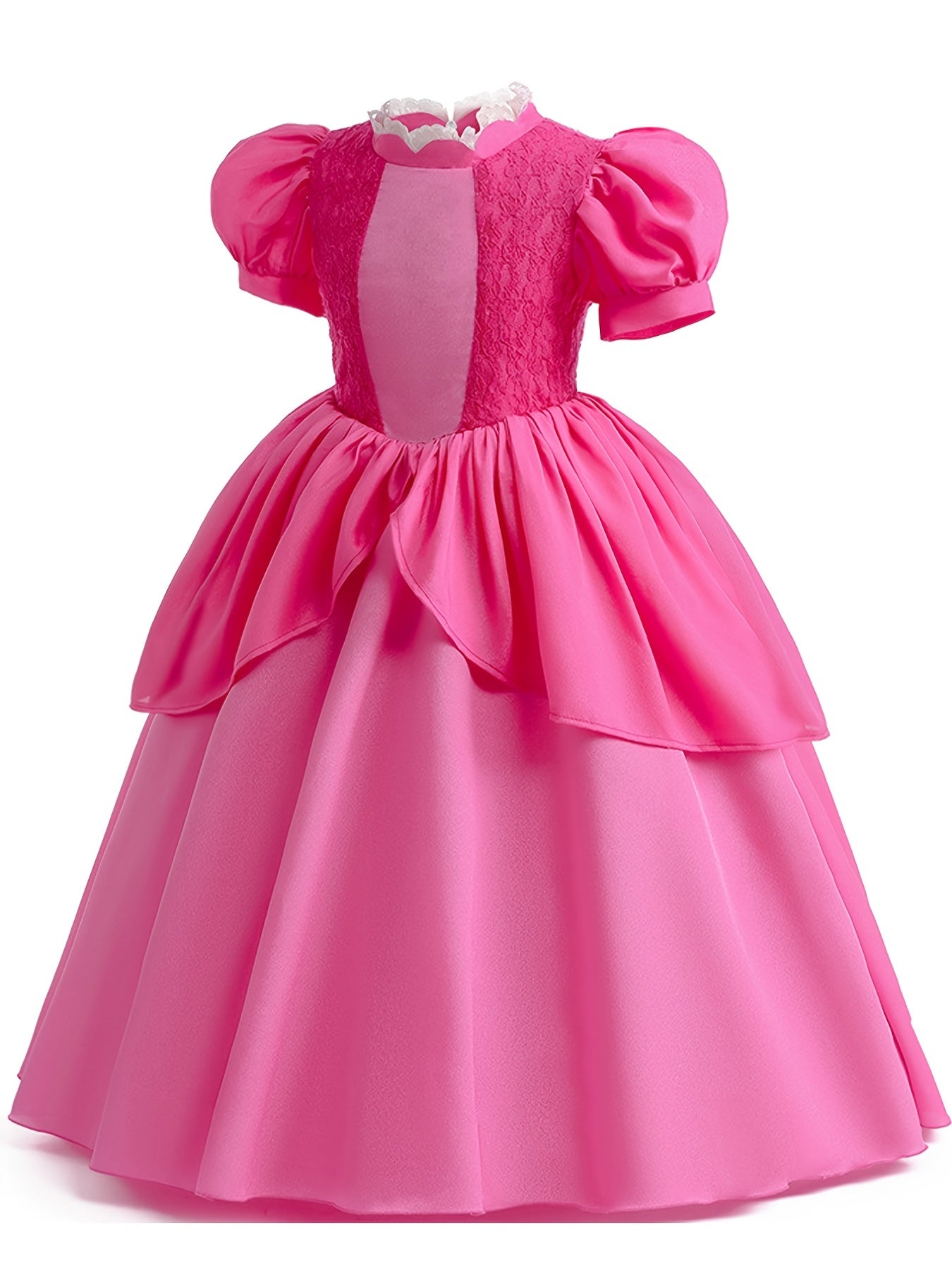 Girls Princess Dress Frill Neck Puff Sleeve Ruffle Skirt Lace Decoration