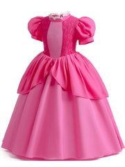 Girls Princess Dress Frill Neck Puff Sleeve Ruffle Skirt Lace Decoration