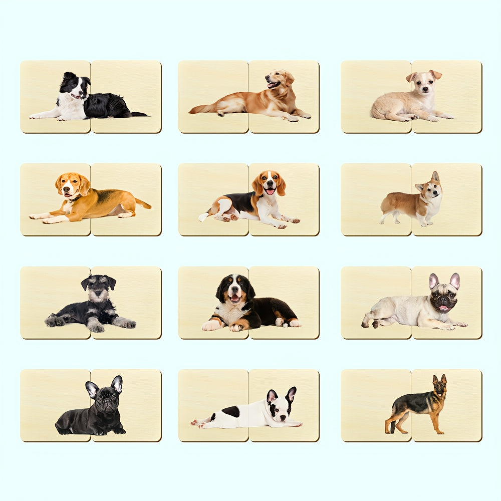 24pcs Wooden Dog Puzzle Animal Matching Cards Educational Game