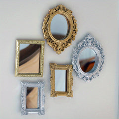 Golden and Silvery Dollhouse Mirror Set with Floral Carvings