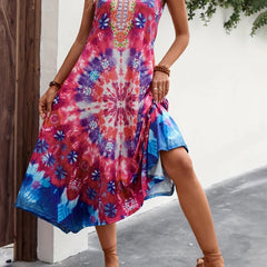 Tie Dye Floral Print V Neck Midi Tank Dress