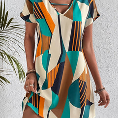 Geo Print Summer Dress Casual Short Sleeve V Neck Mini Dress