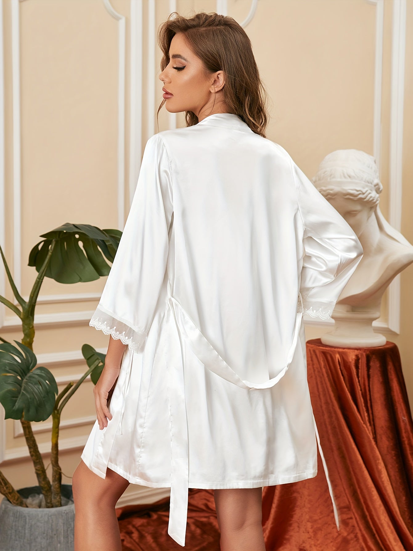 Satin Pajama Set & Robe Combo - Lace Trim, V Neck Slip Dress