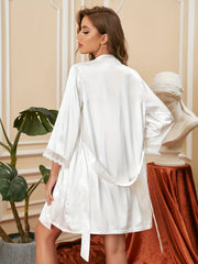 Satin Pajama Set & Robe Combo - Lace Trim, V Neck Slip Dress