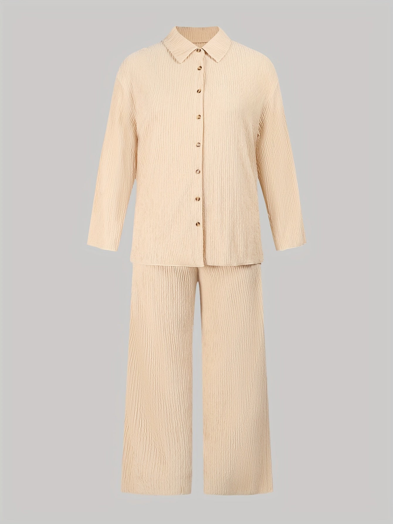 Casual 2 Piece Set: Solid Long Sleeve Shirt & Pants
