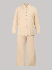 Casual 2 Piece Set: Solid Long Sleeve Shirt & Pants