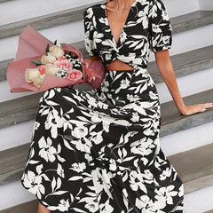 Floral Print Twist Front Dress V Neck Casual Short Sleeve