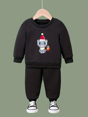 Girls 2pc Cat Crew Neck Sweatshirt and Solid Sweatpants Set