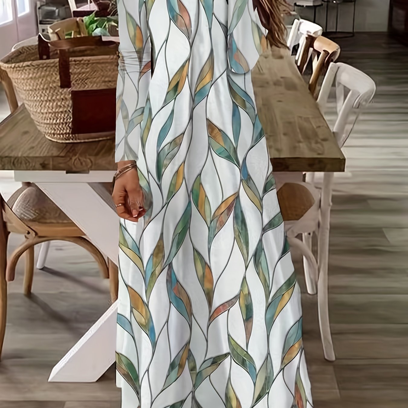 Leaf Print Long Sleeve Pleated Maxi Dress