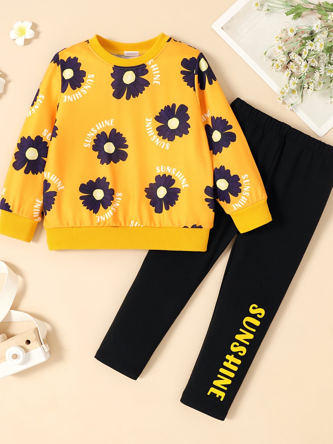 Girl's 2pcs Sweatshirt & Pants Set SUNSHINE Daisy Print Top Outfit