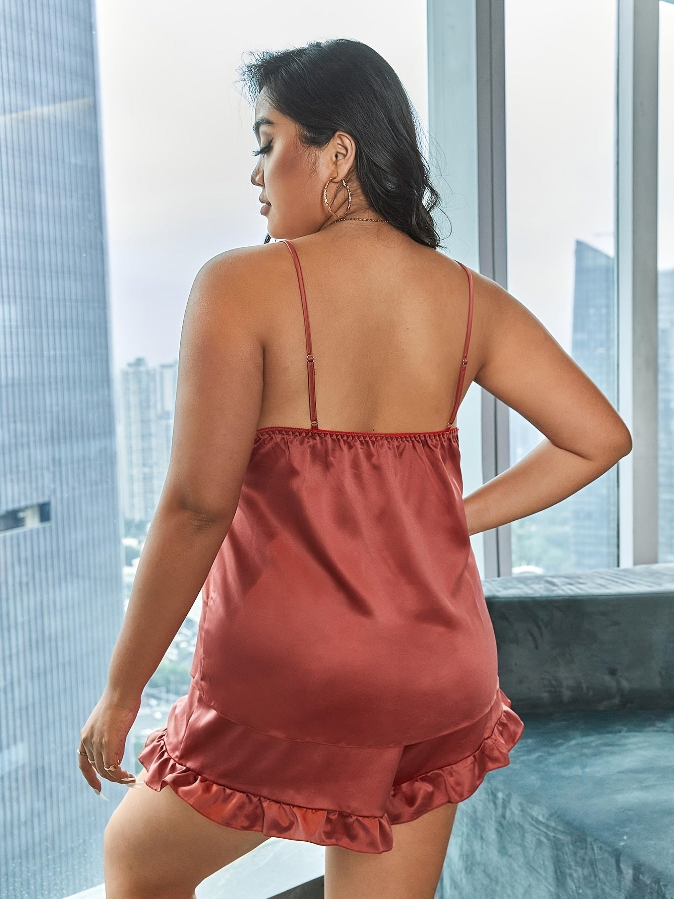 Satin Ruffle Trim Cami Pajama Set Women's Plus Loungewear Set
