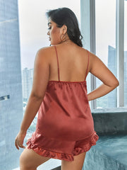 Satin Ruffle Trim Cami Pajama Set Women's Plus Loungewear Set