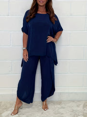 Casual Two Piece Set Crew Neck Tops & Split Pants Outfit