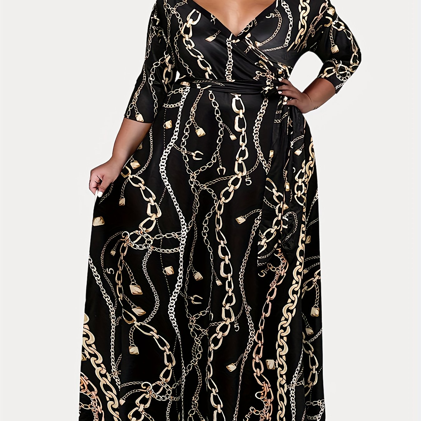 Chain Print Maxi Dress with Belt