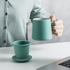 Ceramic Coffee Mug with Stainless Steel Filter and Wood Handle