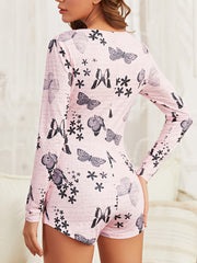 Butterfly Print Sleepwear V Neck Long Sleeve Jumpsuit