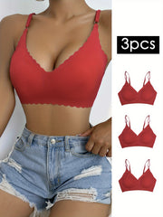 3pcs Seamless Wireless Bras Scallop Trim Intimates Bra Women's Lingerie