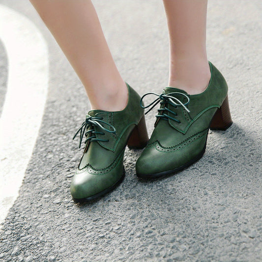 Green High Heel Oxfords Lace Up Faux Leather Stacked Heel Shoes