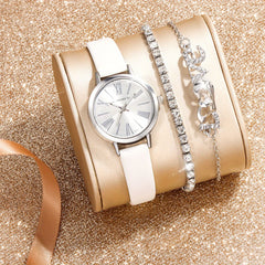 Women's Leather Quartz Watch & Rhinestone Bracelet Set