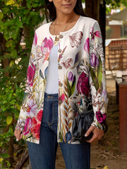 Casual Cardigan Women's Plus Floral Print Long Sleeve Button Up