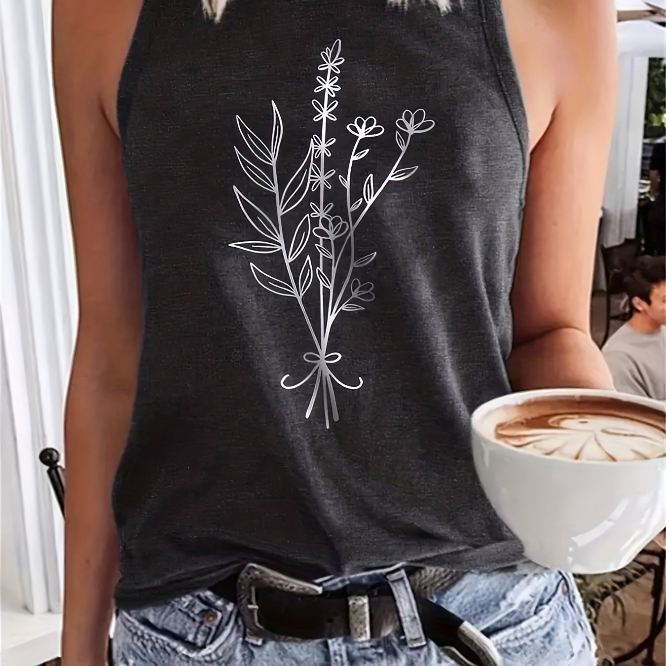 Plant Print Tank Top Crew Neck Summer Sleeveless Top