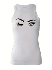 Eyes Print Tank Top Sexy Crew Neck Summer Sleeveless Top