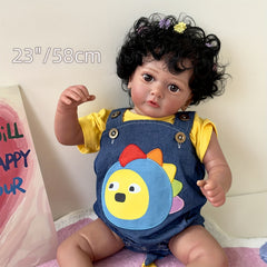 23in Simulative Reborn Doll Dark Brown Skin Hand-Planted Hair Soft Cloth Body