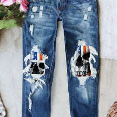 Skull Print Washed Button Fly Medium Stretch Jeans