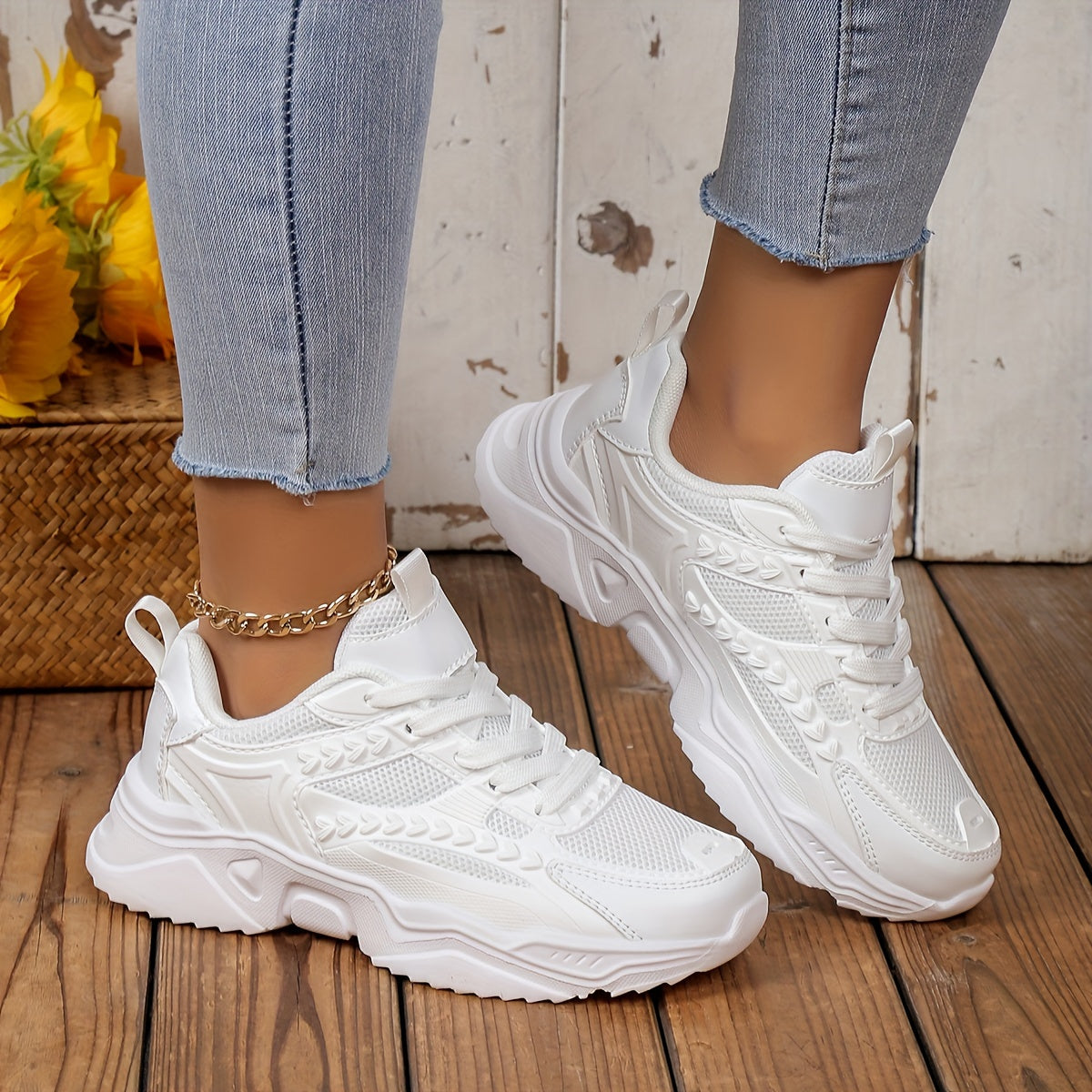 Solid Chunky Sneakers Heighten Lightweight Woven Shoes