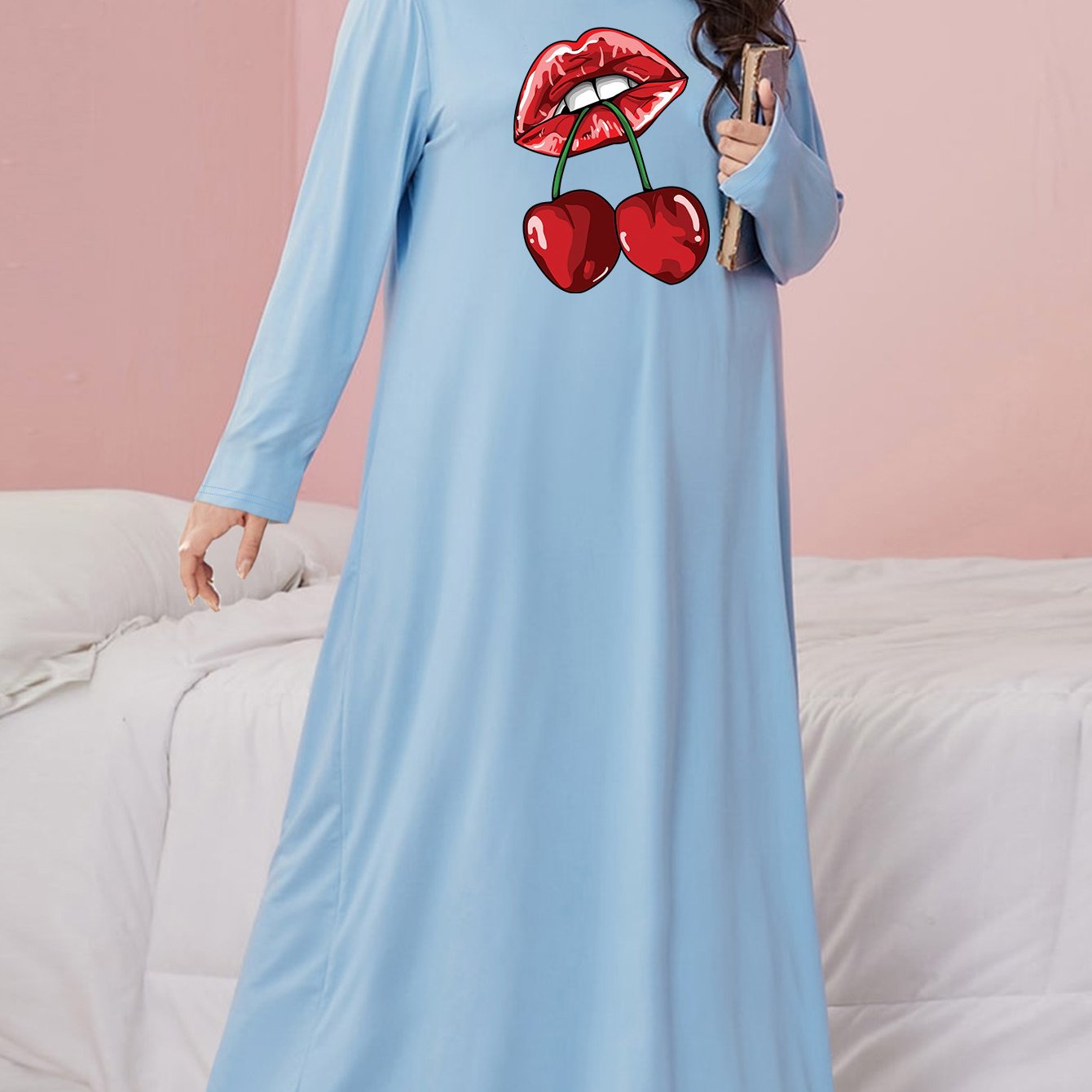 Lip & Cherry Print Long Sleeve Nightdress