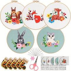 5pcs Animal Embroidery Kit with Hoop 20.07cm