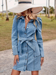 Belted Long Sleeve Denim Dress Lapel Washed Puff Shoulder