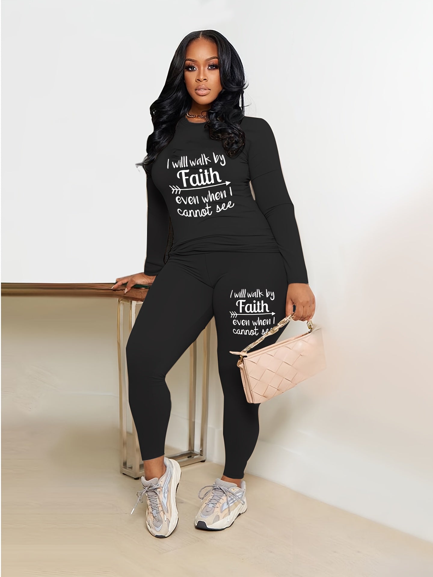 Casual 2pc Set: Crew Neck Top & Slim Pants