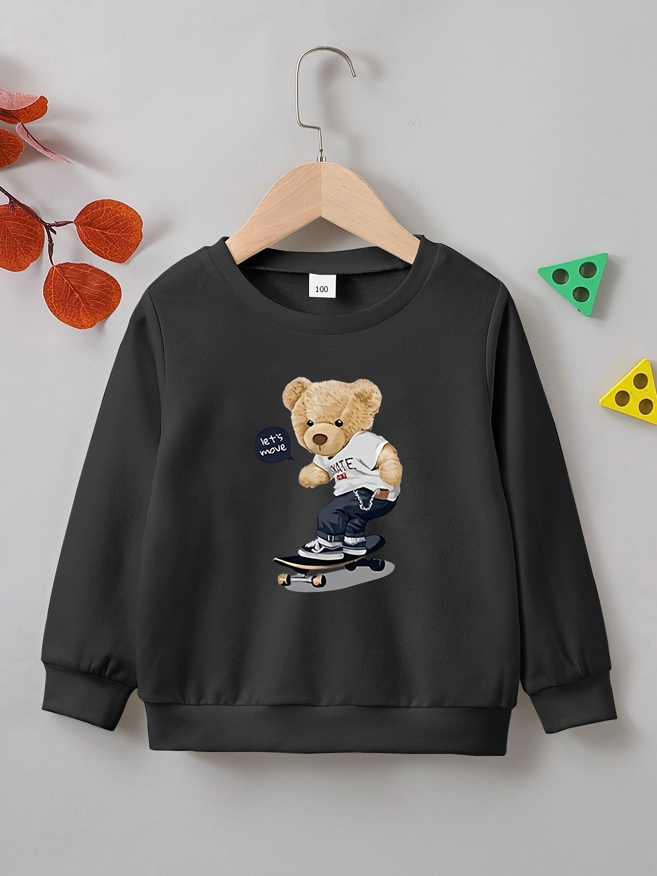 Street Style Bear Skating Print Boys Casual Pullover Sweatshirt