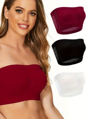 3pcs Strapless Bandeau Bras Hollow Out Breathable Stretch Everyday Bra