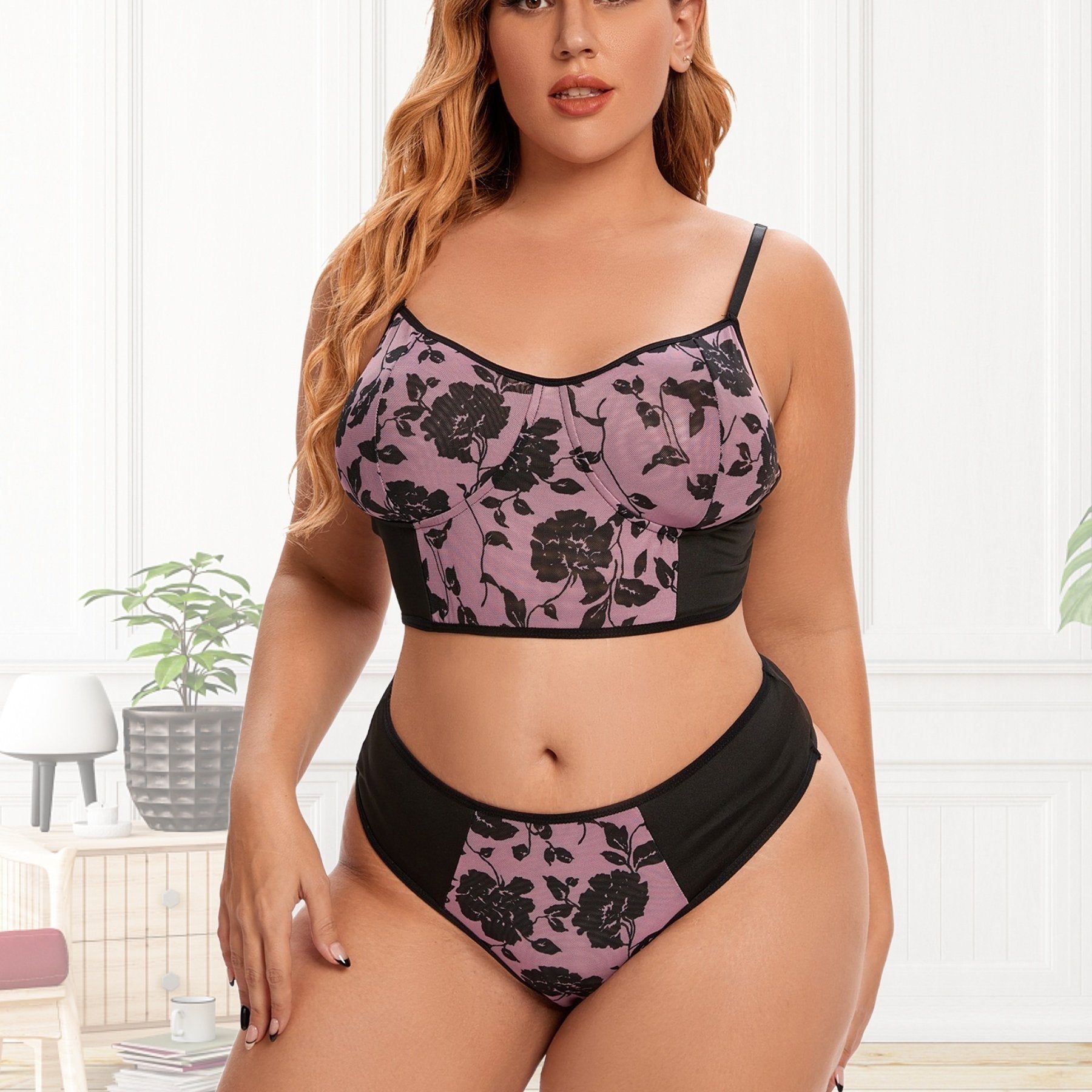 Floral Print Longline Push-Up Bra & Underwear Set