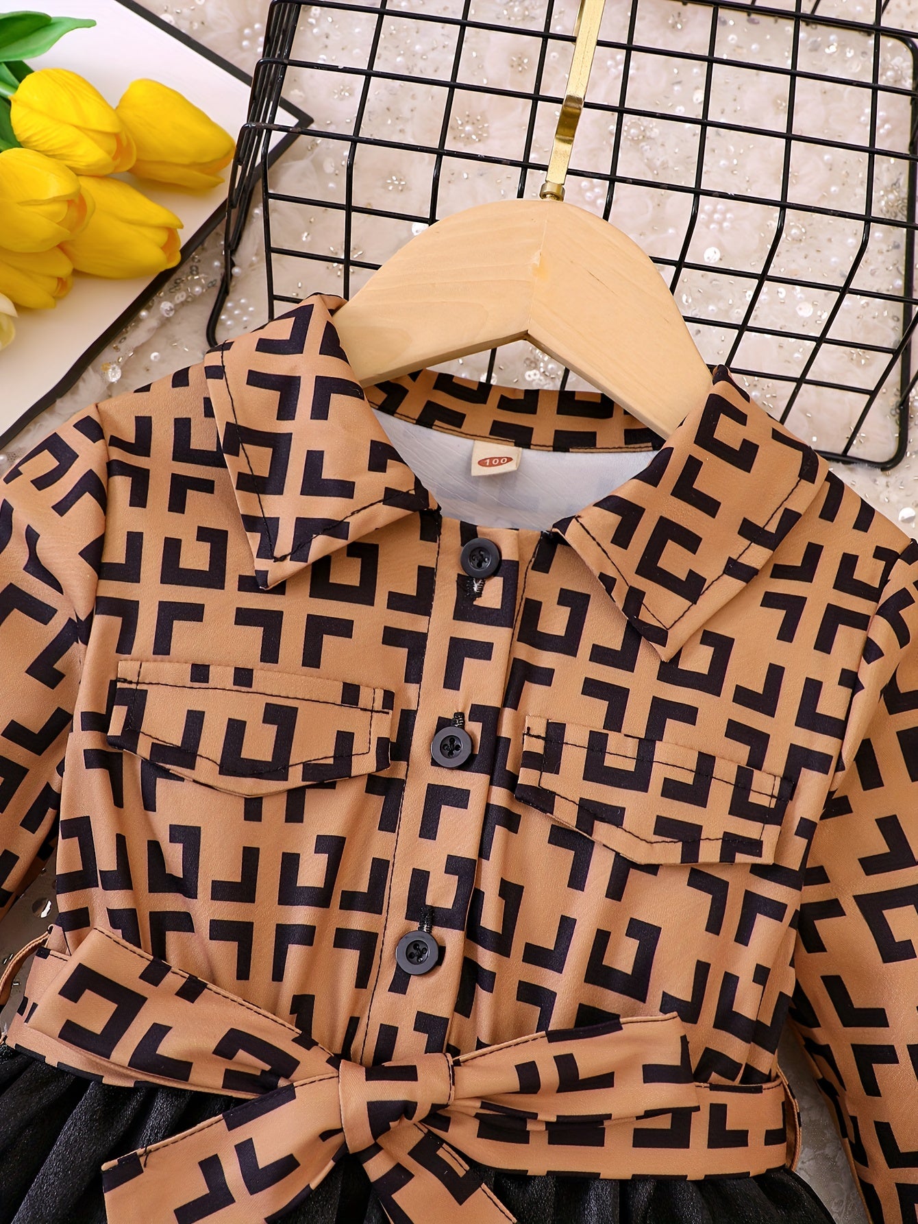 Girls' Geo Print Stitching Dress for Autumn Spring