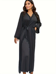 Lace Trim Pajama Set & Robe with Belt
