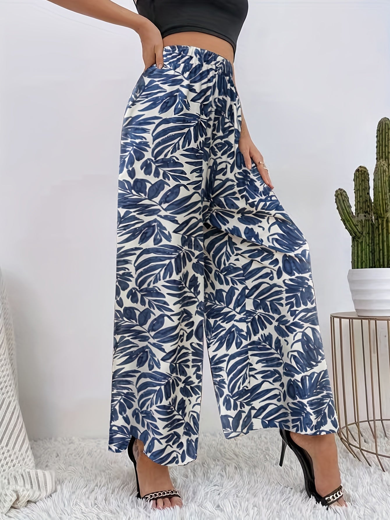 Leopard Print Wide Leg Pants High Waist Casual Elastic Women's Clothing