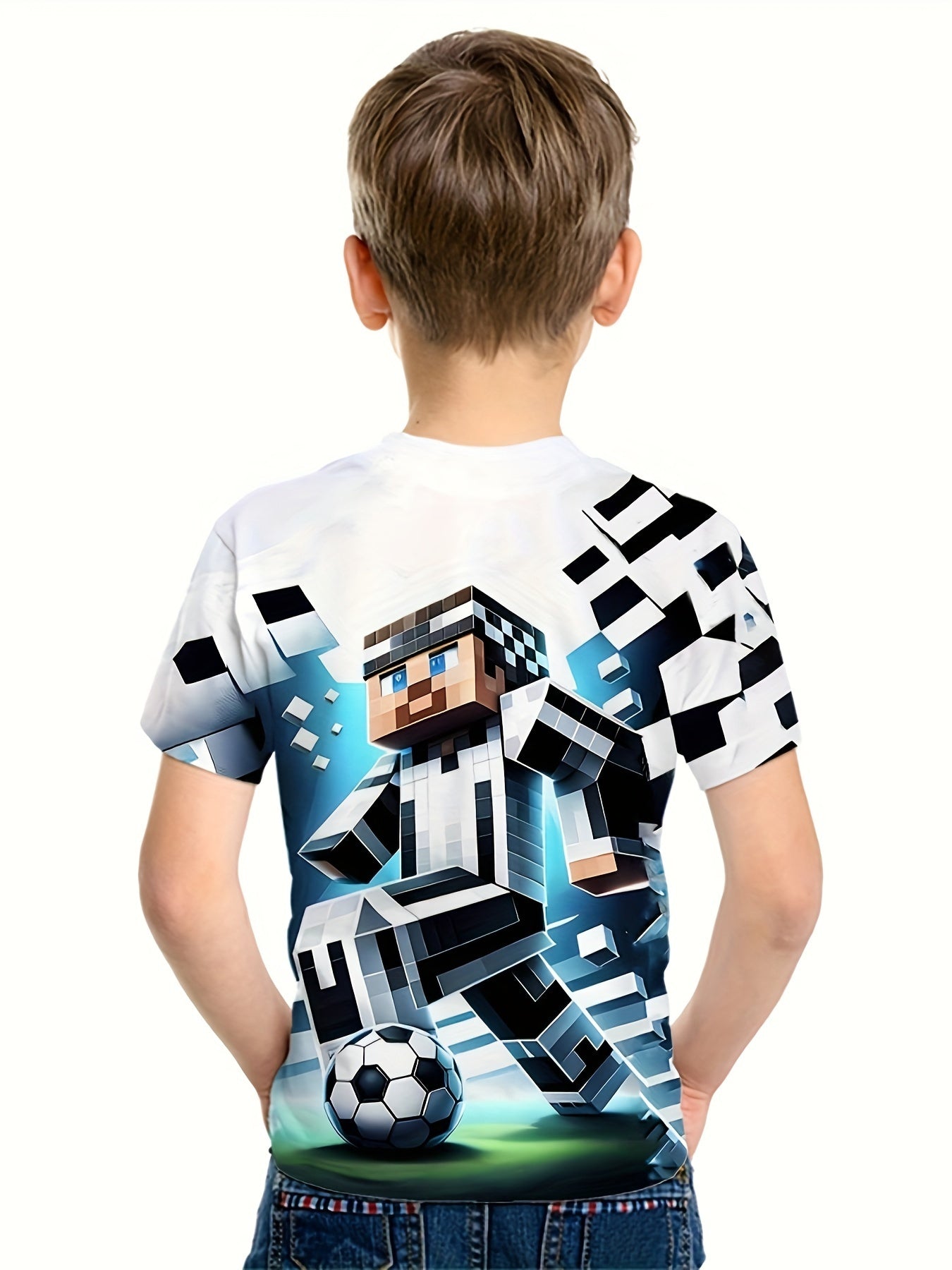Pixel Football Player T-Shirt Boys Short Sleeve Top Summer Kids Outgoing Clothes