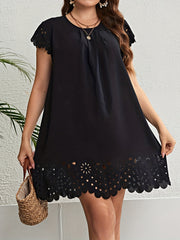 Solid Eyelet Embroidered Cap Sleeve Ruched Mini Dress