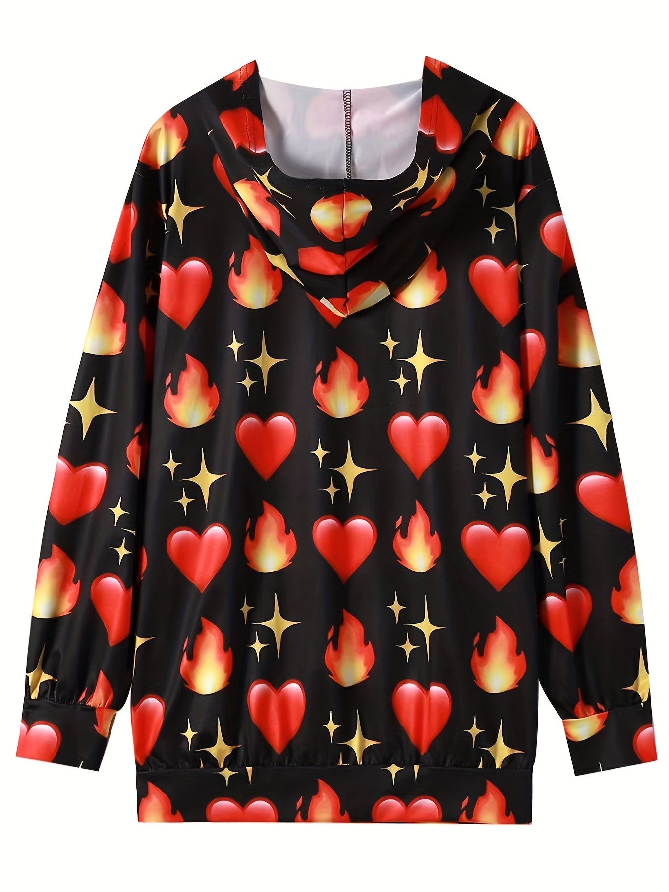 Plus size Heart & Fire Print LS Stretch Hoodie With Pocket