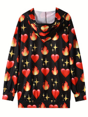 Plus size Heart & Fire Print LS Stretch Hoodie With Pocket