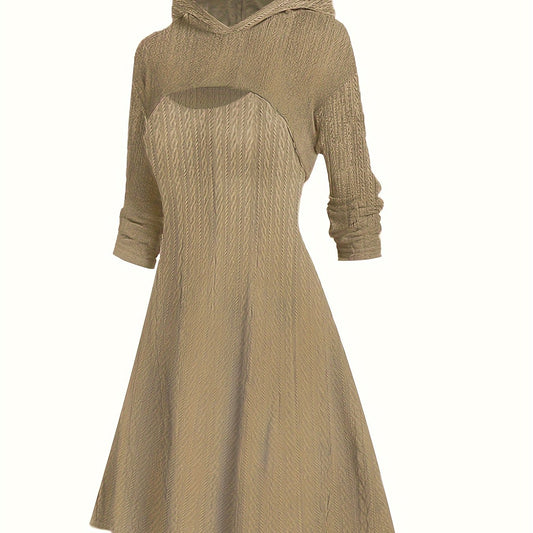 Solid Cable Cut Out Long Sleeve Hooded A line Dress