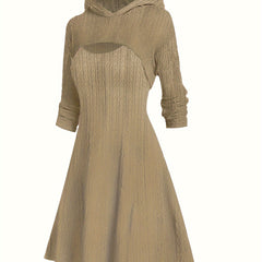 Solid Cable Cut Out Long Sleeve Hooded A line Dress