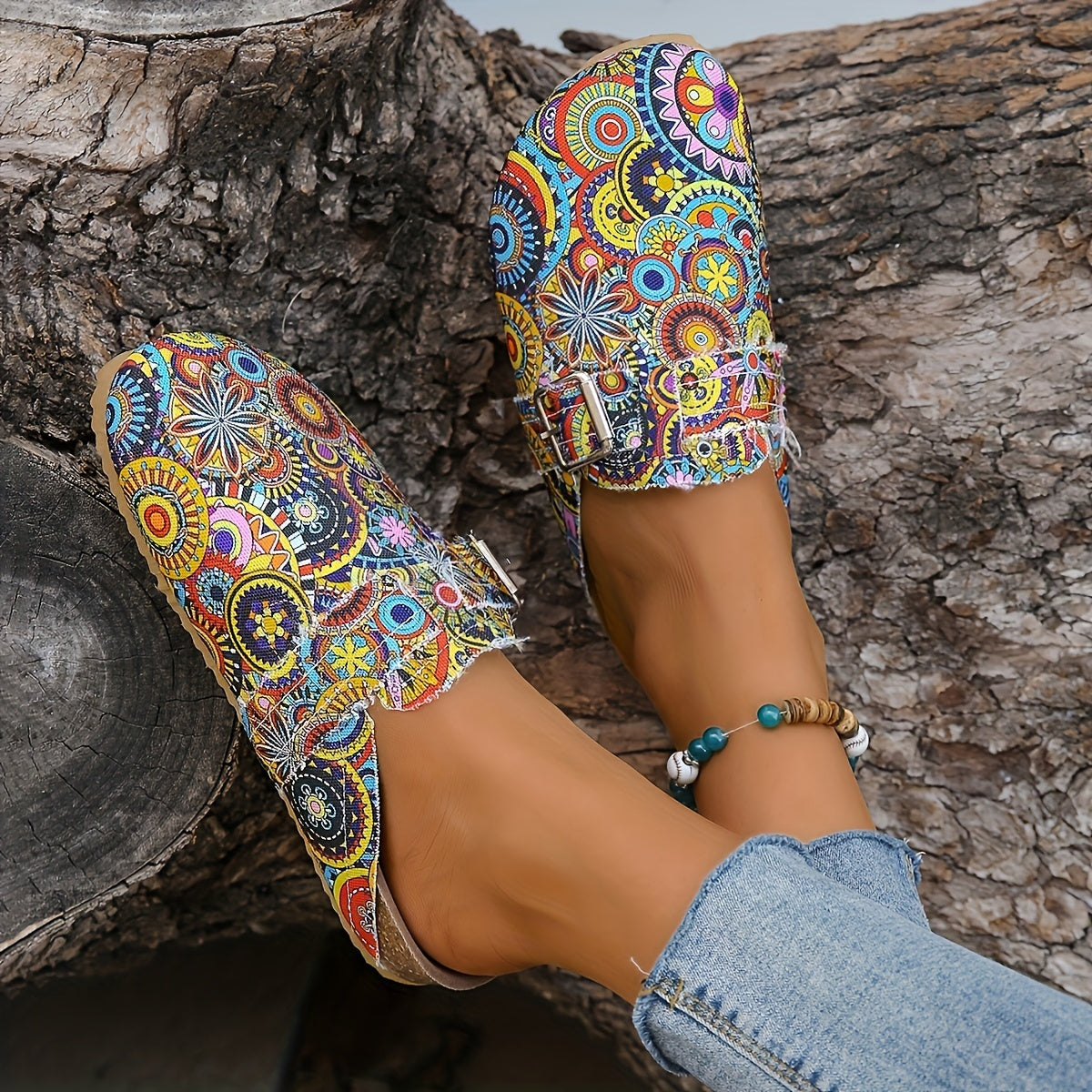 Women's Ethnic Canvas Skate Shoes Closed Toe Slip On Slide Shoes
