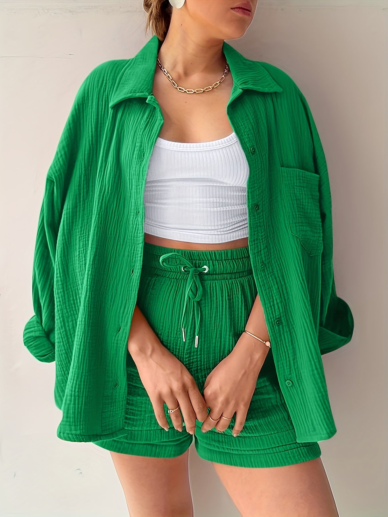 Solid Pocket Matching Set Long Sleeve Shirt & Drawstring Shorts