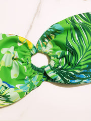 Tropical Plant Leaf & Flower Print Bandeau Two Piece Bikini Set